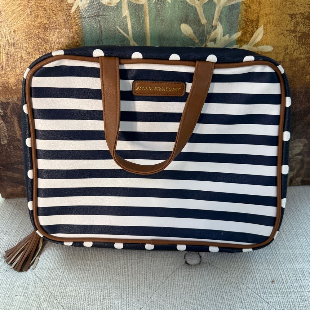 Navy & White Striped Travel Tote with Brown Trim